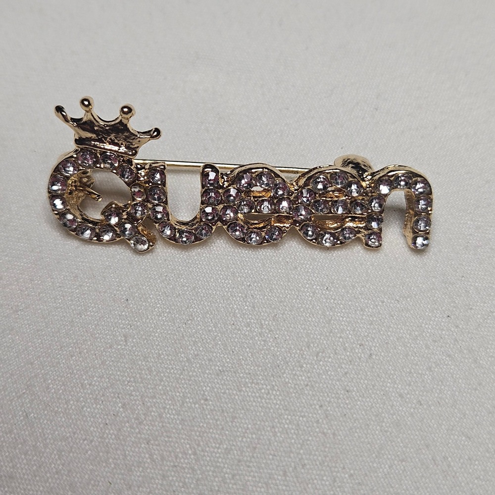 'Queen' Script Brooch‎ Women OS Gold Rhinestone Crown Royal Pin Jewelry